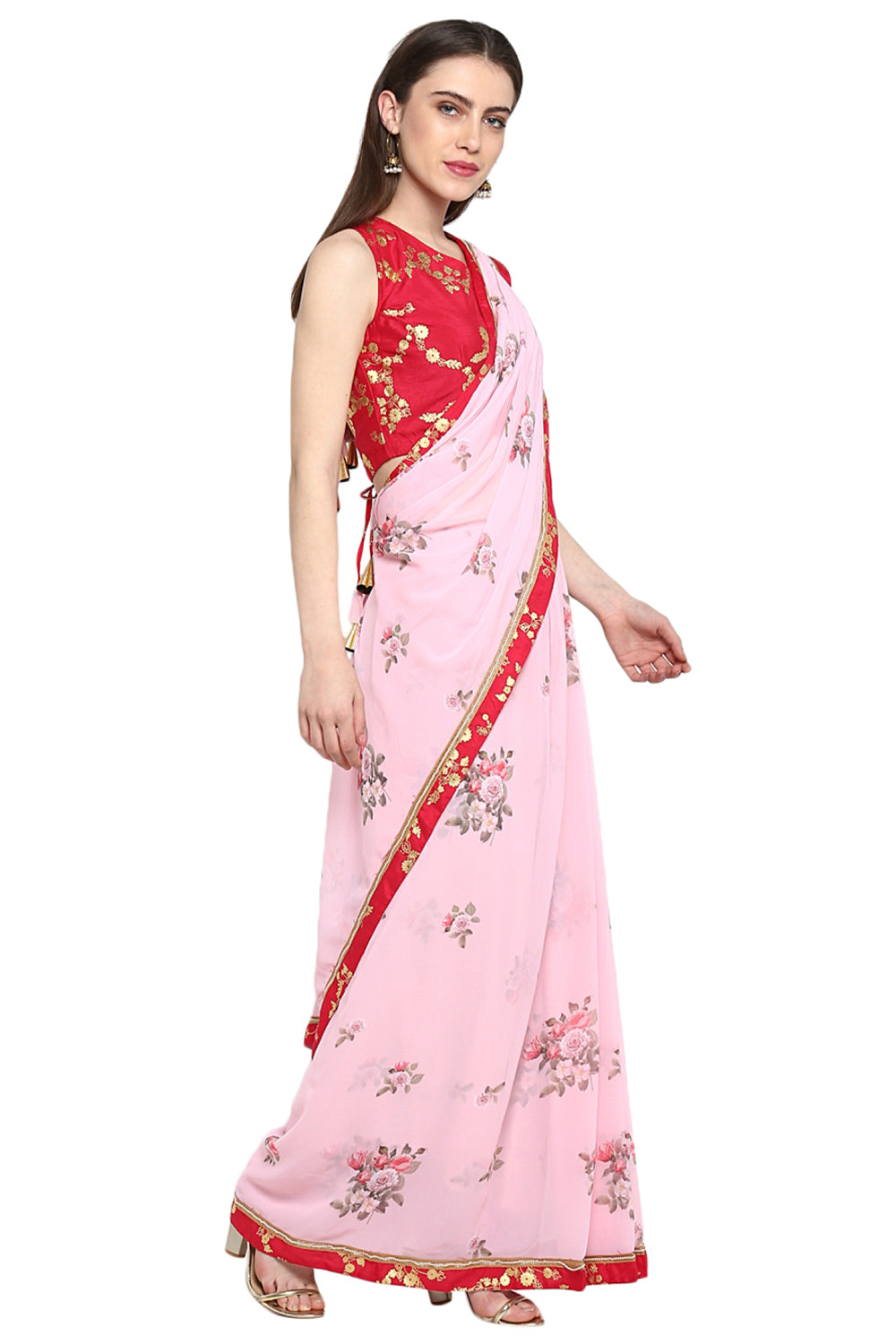 Faux Georgette Digital Print Saree In Light Pink