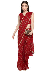 Buy Faux Georgette Foil Print Saree in Maroon Online