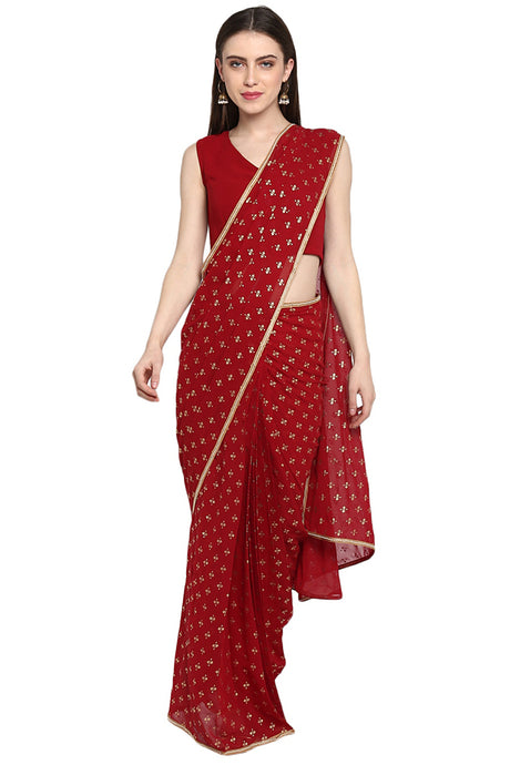 Shop Woman's Faux Georgette Foil Print Saree in Maroon At KarmaPlace