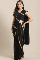 Buy Georgette Gold Striped Print Saree in Black