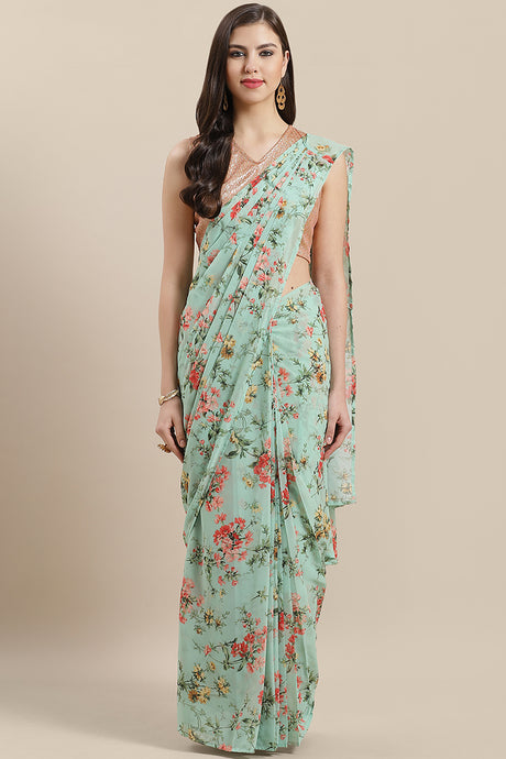 Buy Georgette Digital Print Ready Made Saree in Light Green Online