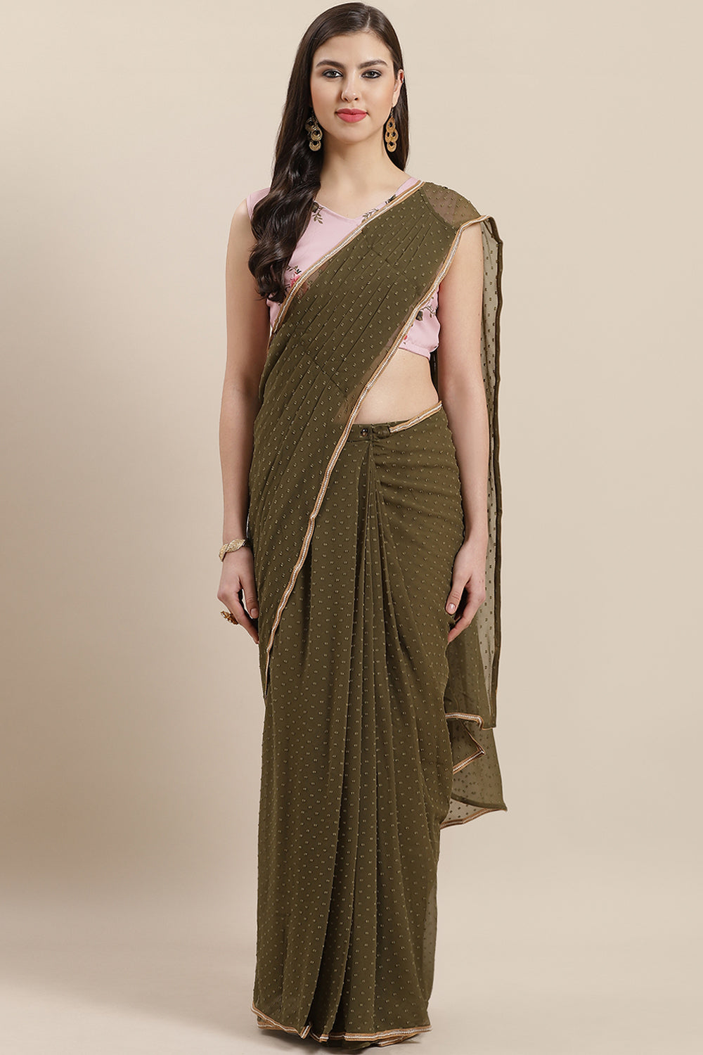 Georgette Digital Print Ready Made Saree In Olive Green