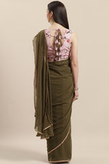 Georgette Digital Print Ready Made Saree In Olive Green