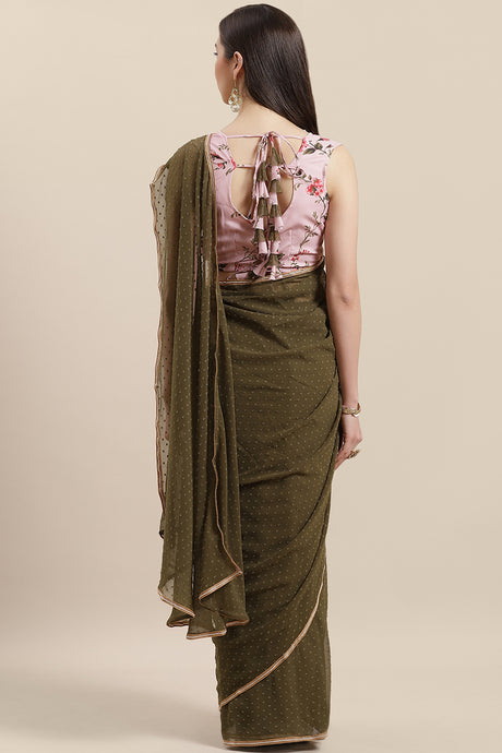 Georgette Digital Print Ready Made Saree in Olive Green