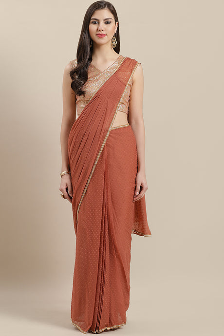 Buy Chiffon Printed Ready Made Saree in Rusty Rose Online