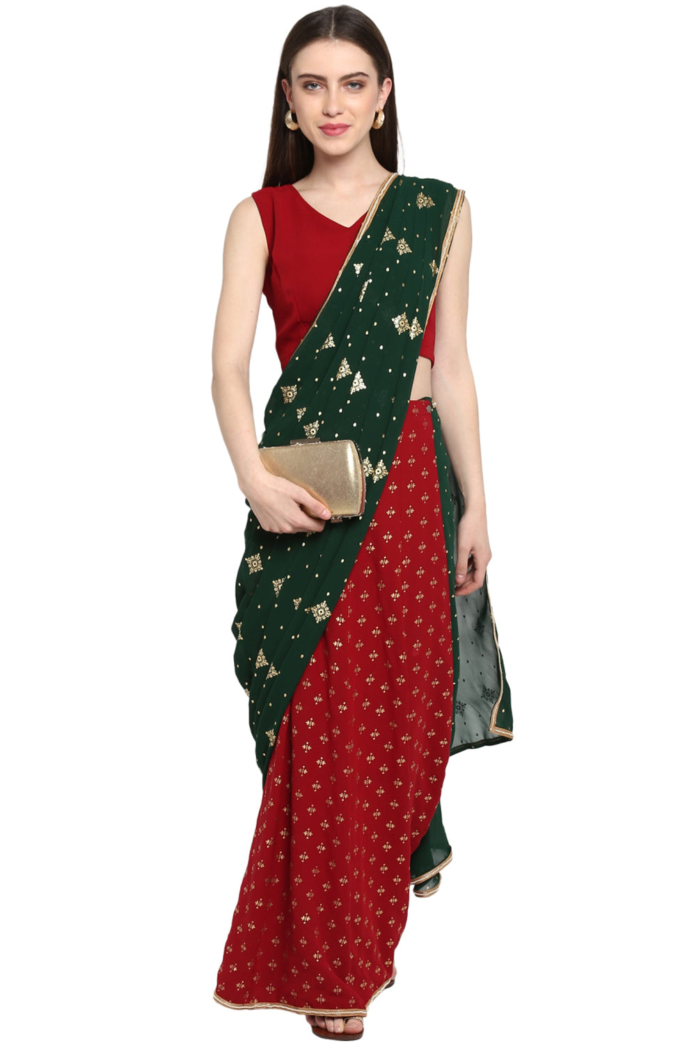 Faux Georgette Printed Saree In Green And Maroon