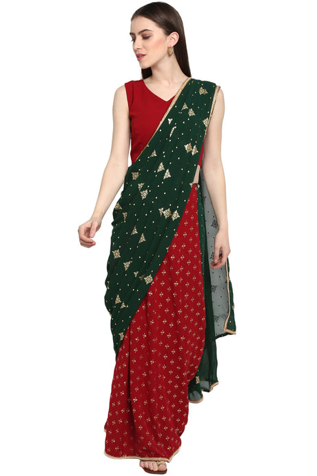 Faux Georgette Printed Saree In Green And Maroon