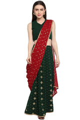 Faux Georgette Printed Saree In Green And Maroon