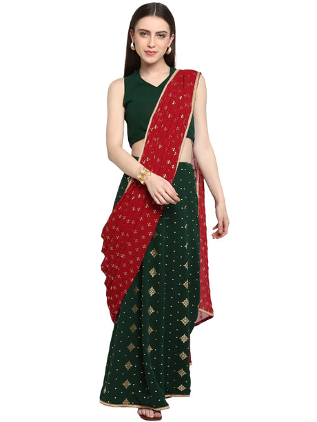 Faux Georgette Printed Saree In Green And Maroon