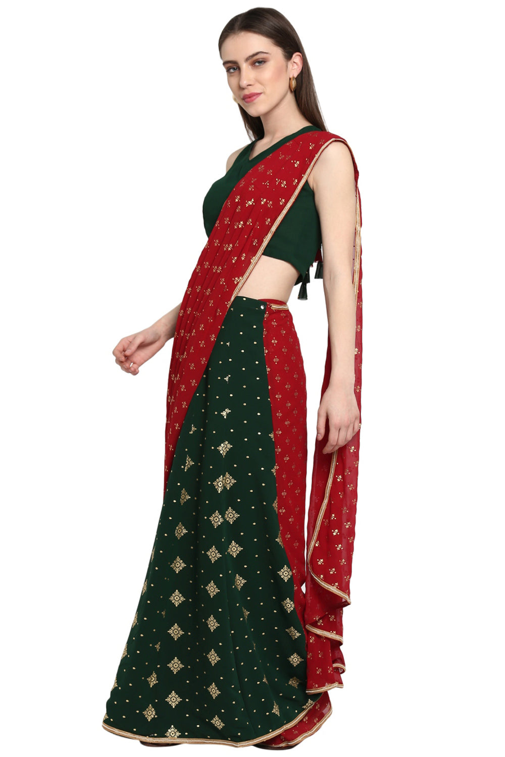 Faux Georgette Printed Saree In Green And Maroon