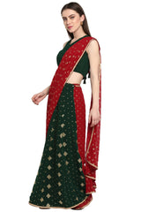 Faux Georgette Printed Saree In Green And Maroon