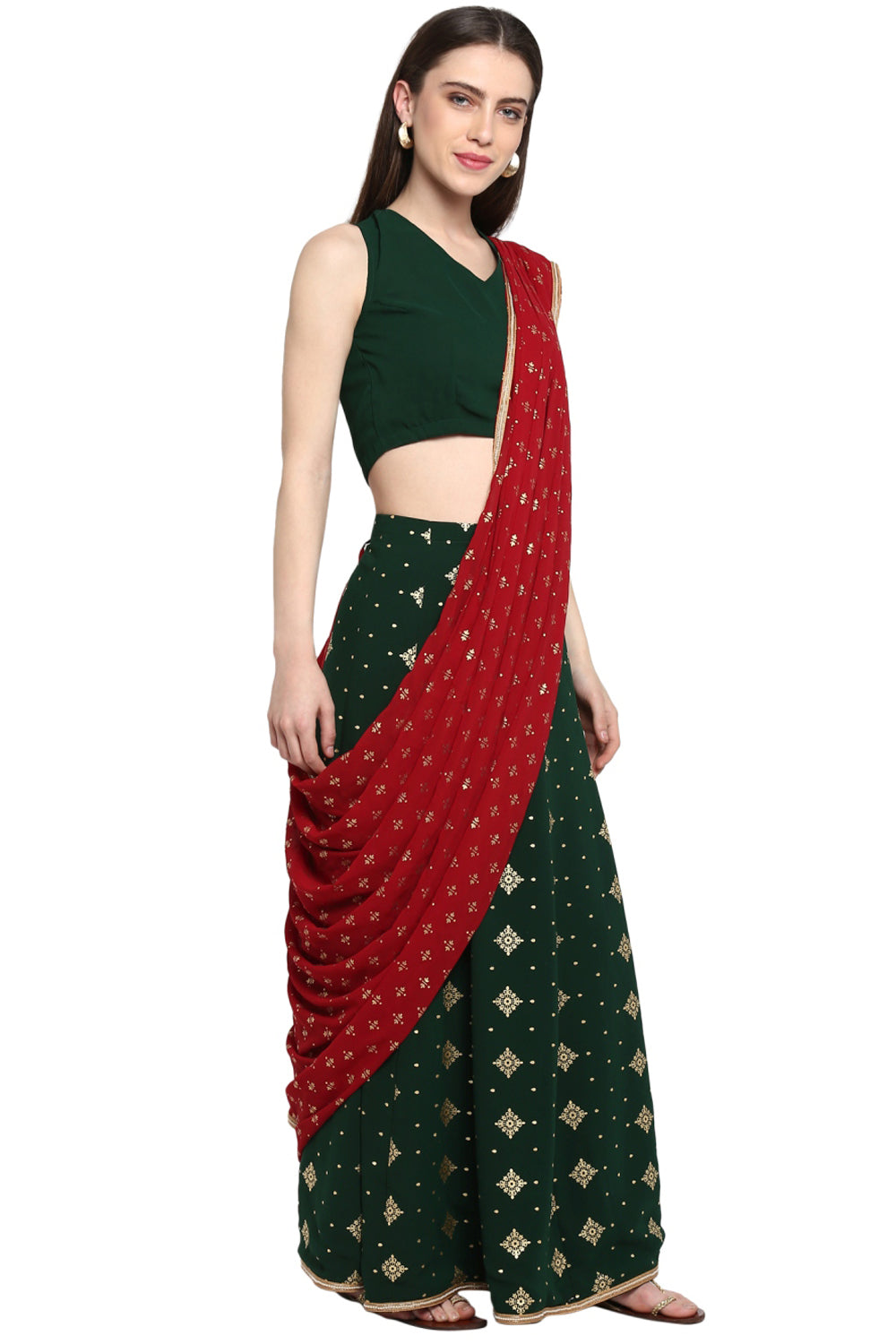 Faux Georgette Printed Saree In Green And Maroon