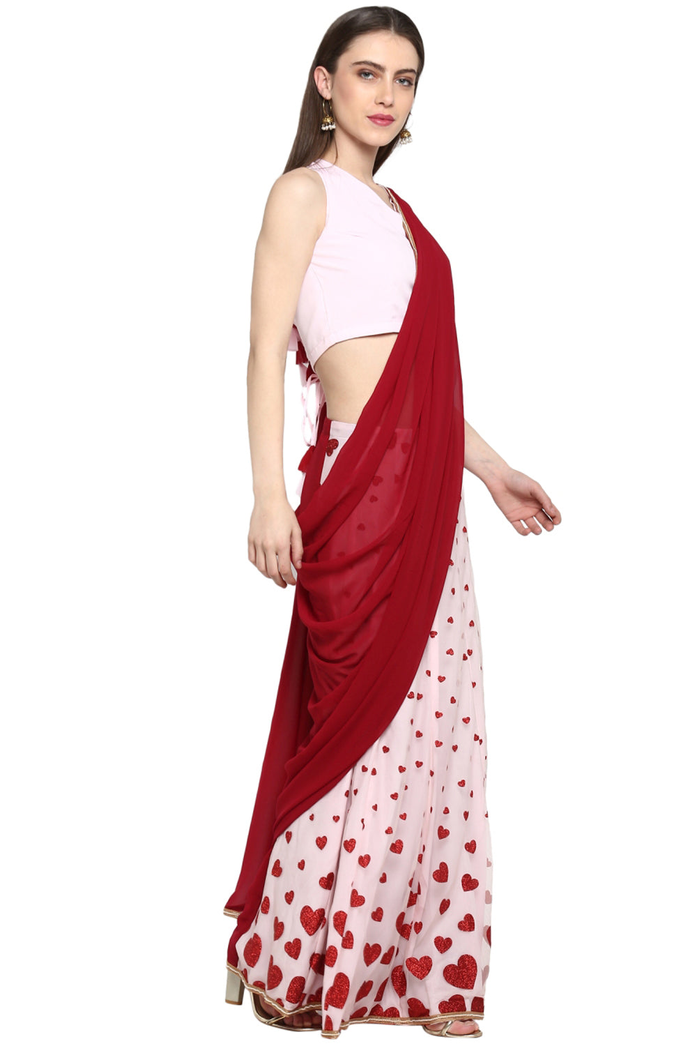 Faux Georgette Printed Saree In Maroon And Pink