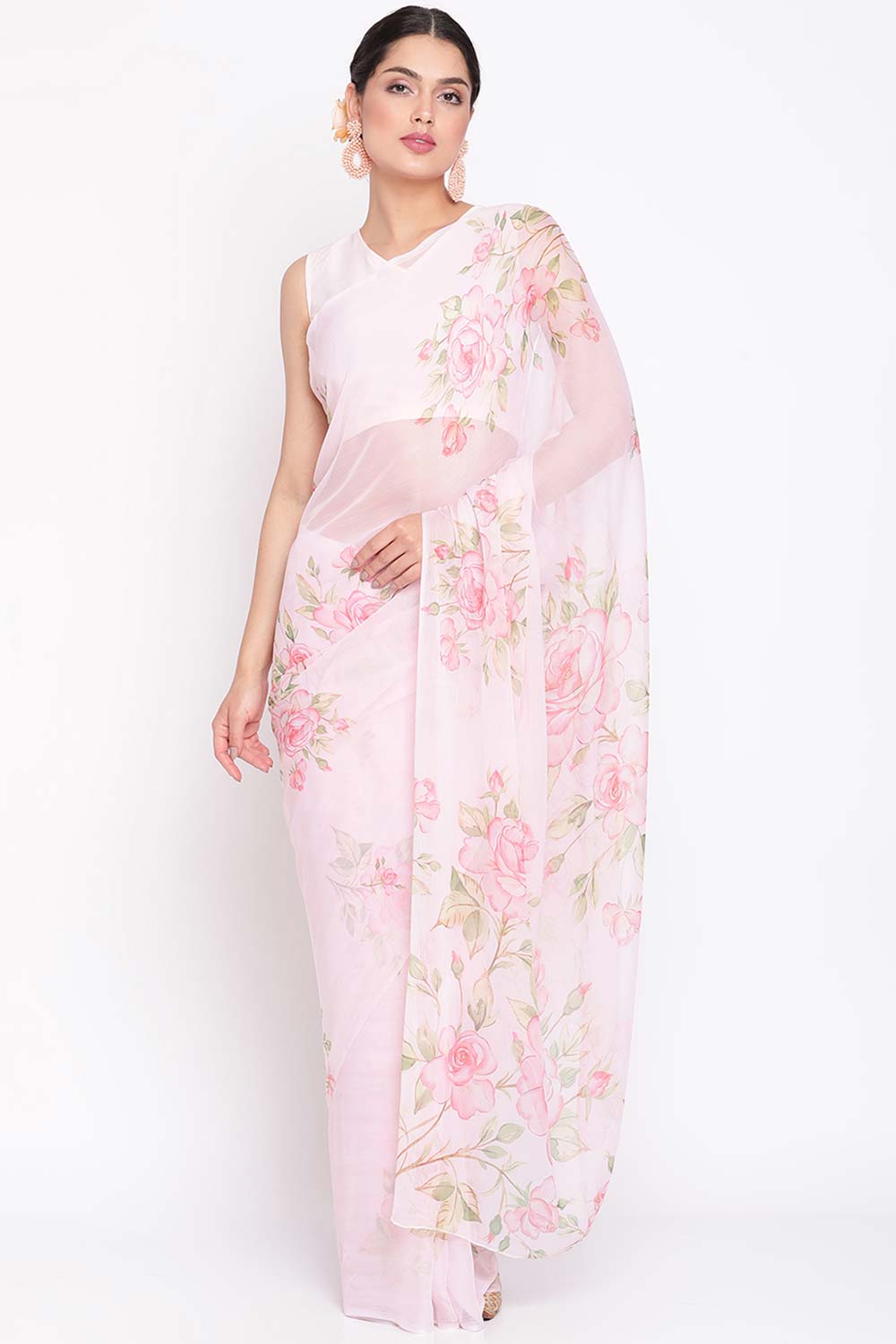 Buy Chiffon Digital print Saree in Baby Pink