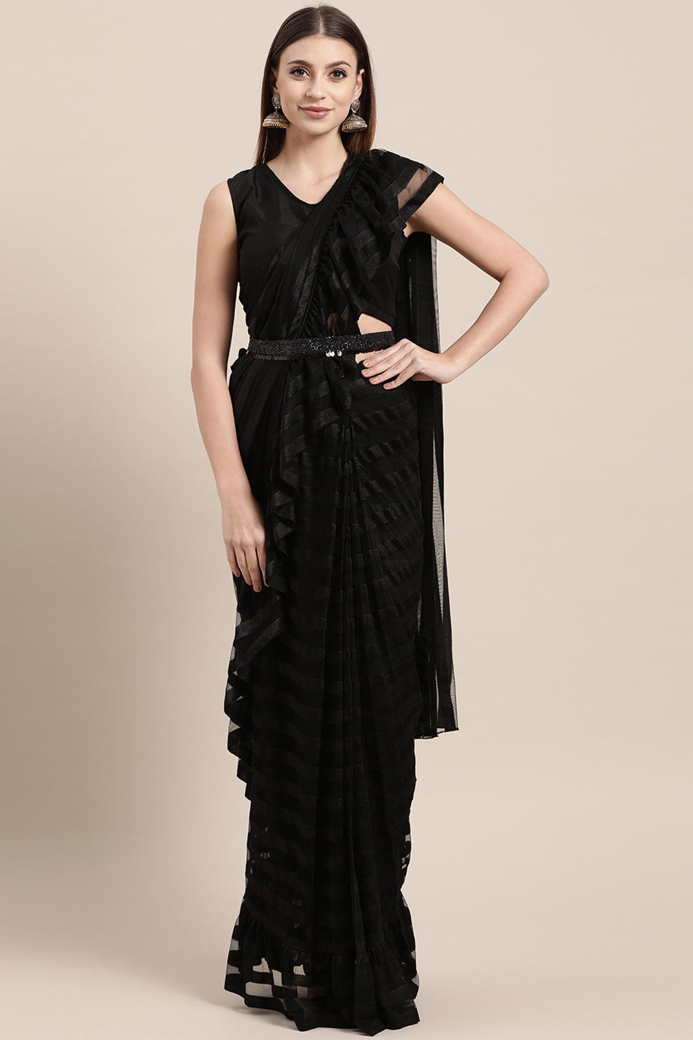 Buy Woman's Polyester Printed Ready Made Saree in Black Online