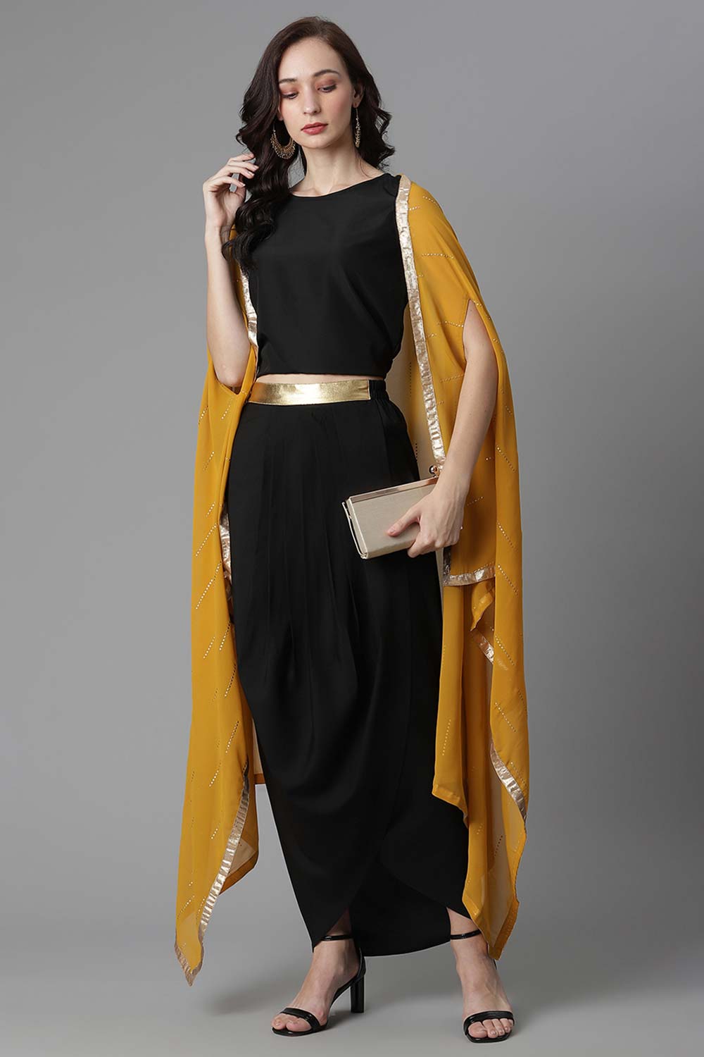 Black Crepe Top Skirt With Shrug