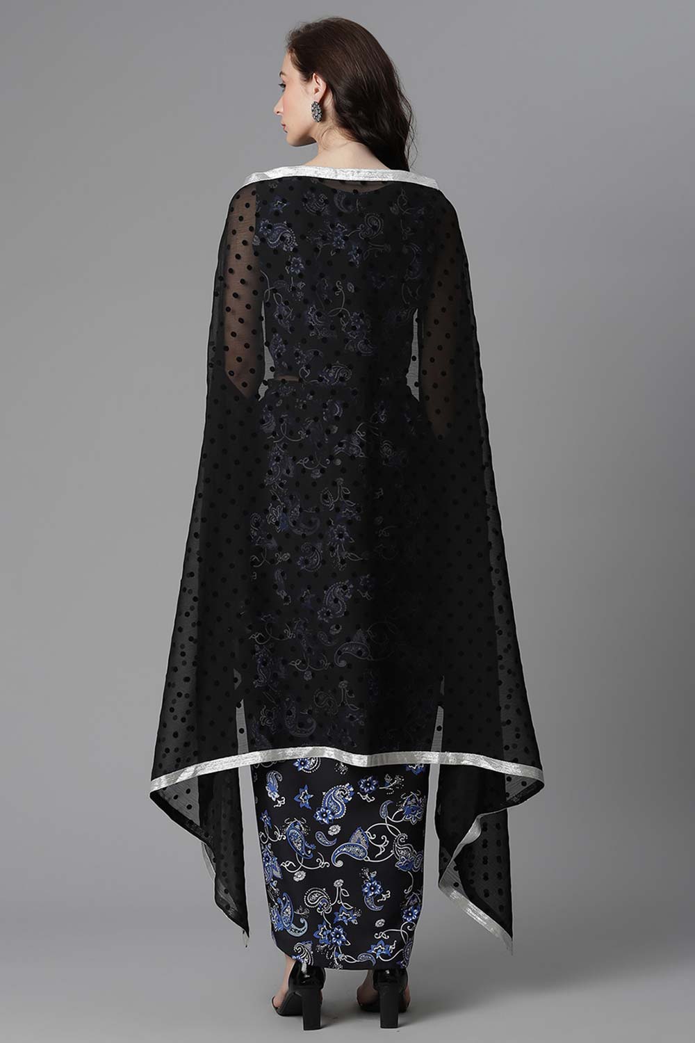 Black Crepe Digital Print Top Skirt With Shrug
