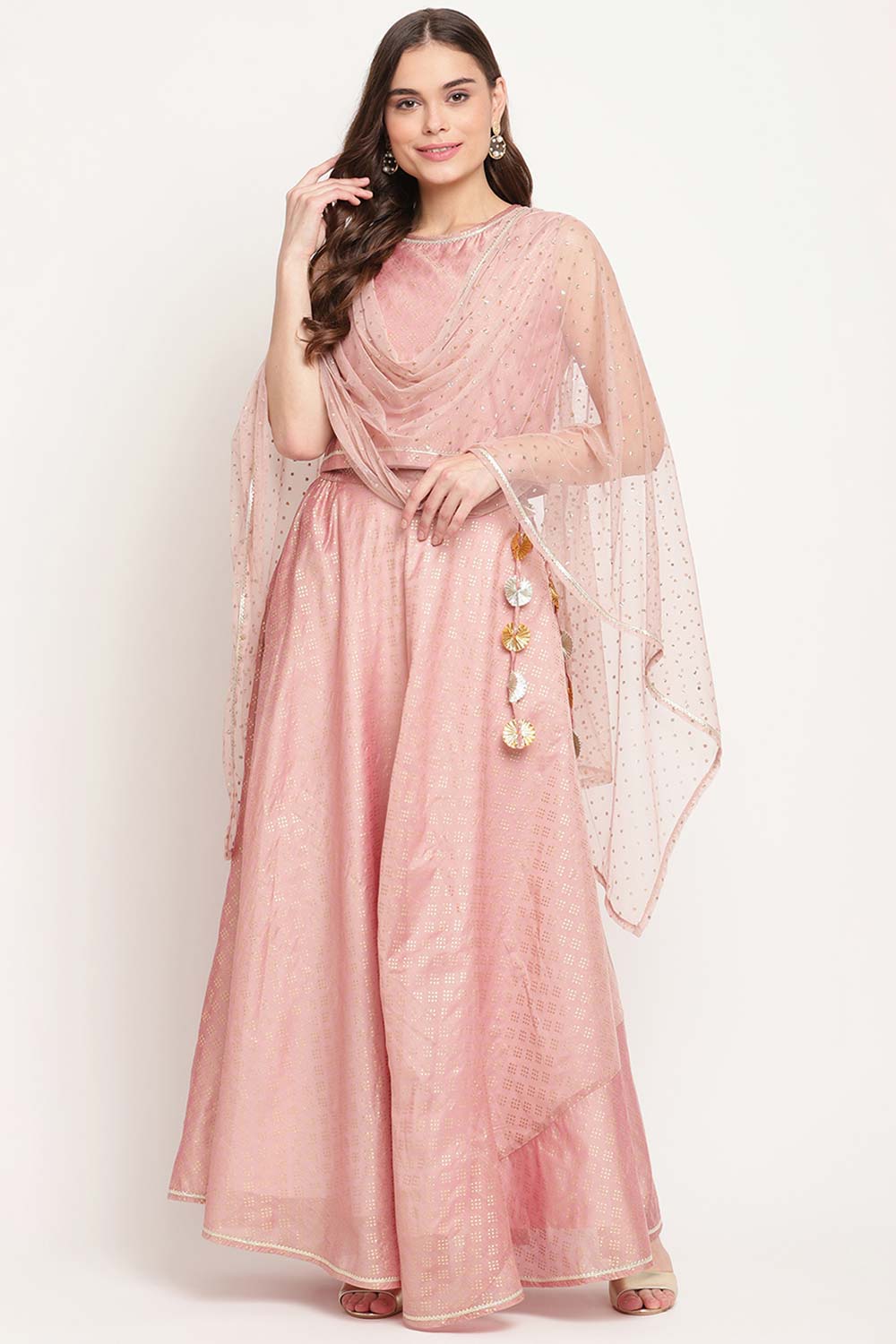 Buy Chanderi Glitter Print Lehengas in Rusty Rose