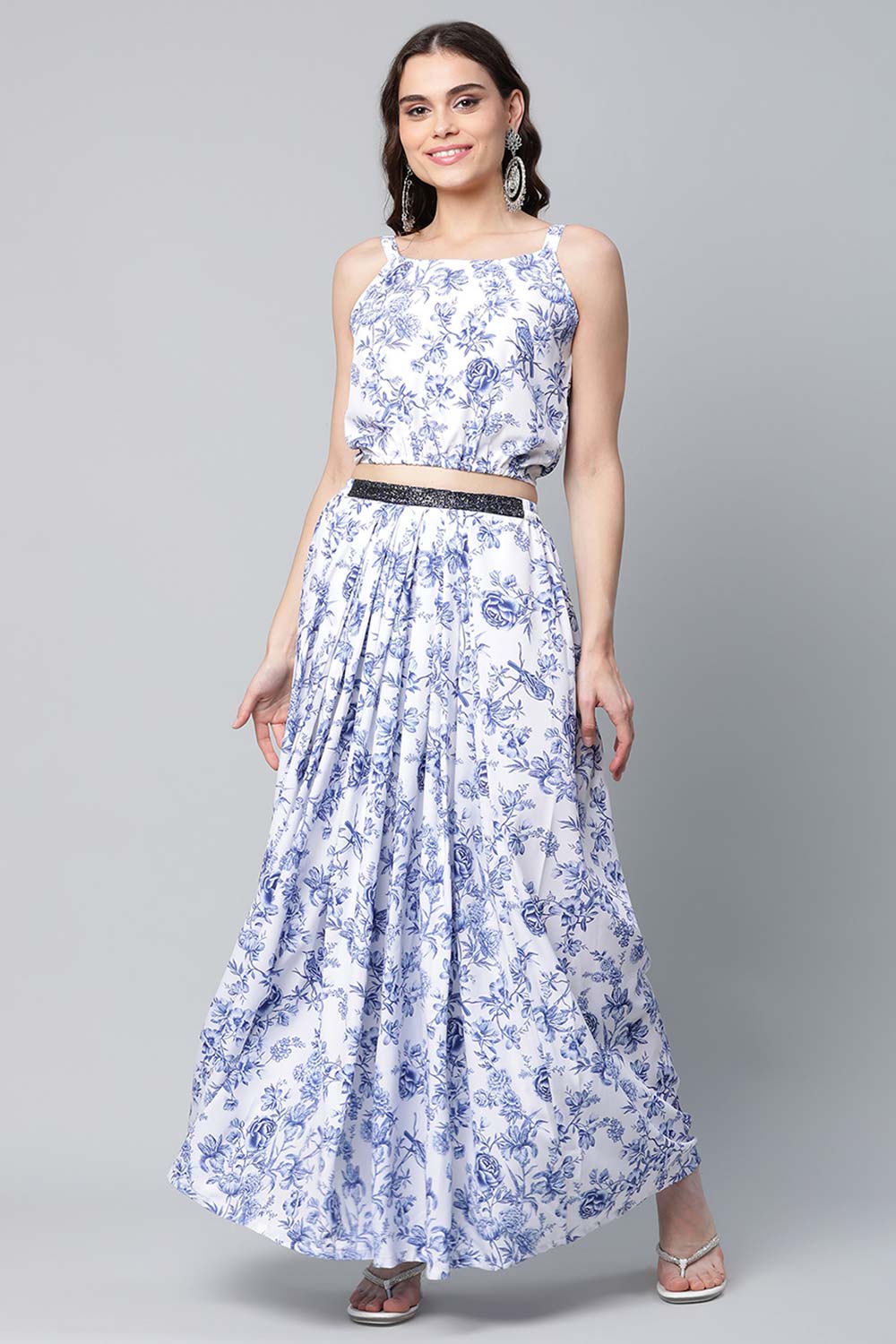 Blue Crepe Printed Top With Skirt With Net Overlay