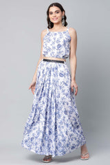 Blue Crepe Printed Top With Skirt With Net Overlay