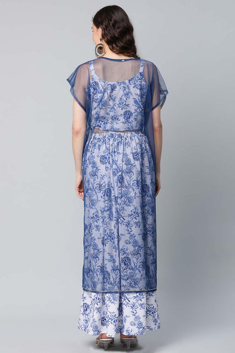 Blue Crepe Printed Top With Skirt With Net Overlay