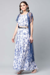 Blue Crepe Printed Top With Skirt With Net Overlay