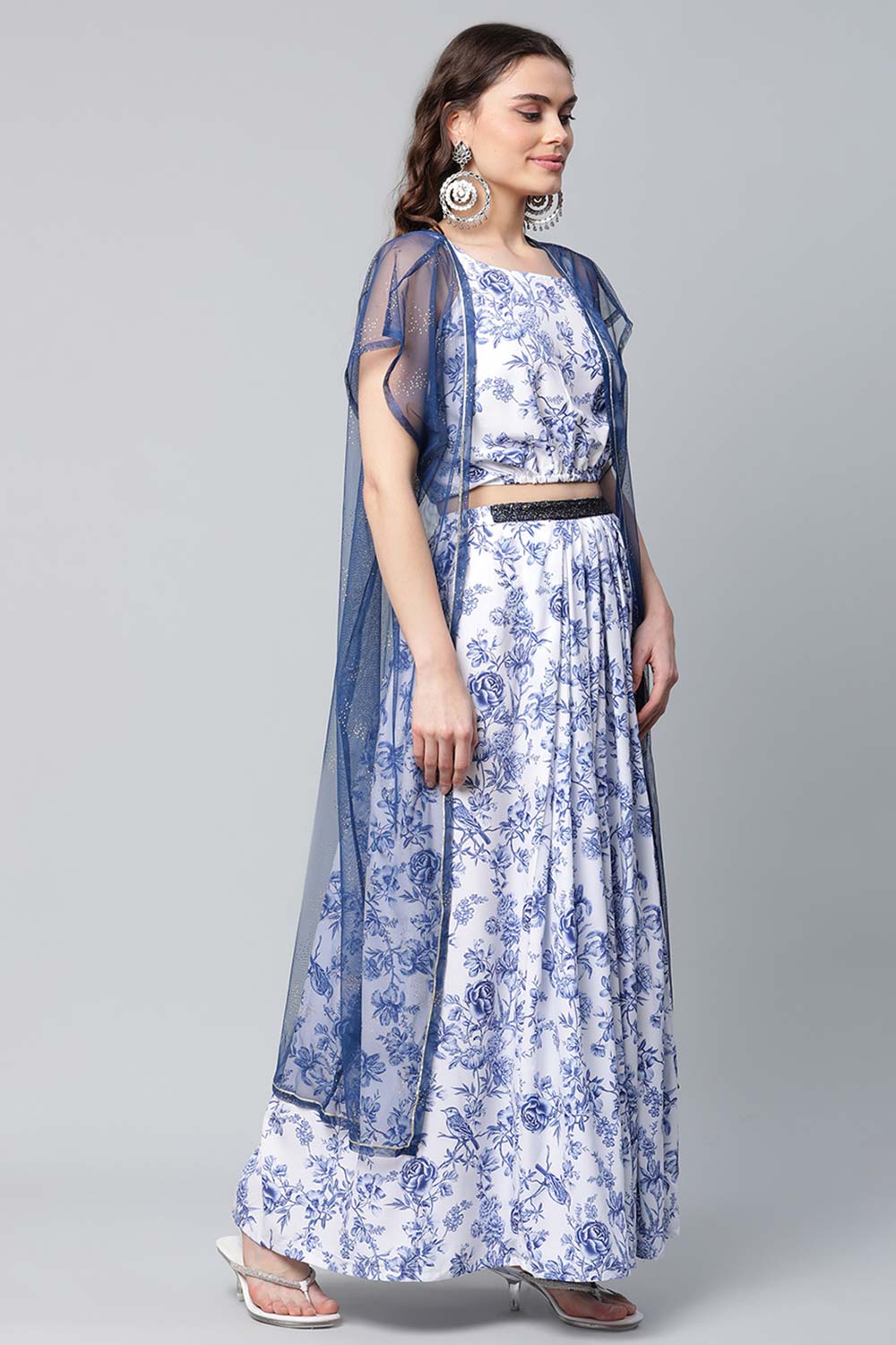 Blue Crepe Printed Top With Skirt With Net Overlay