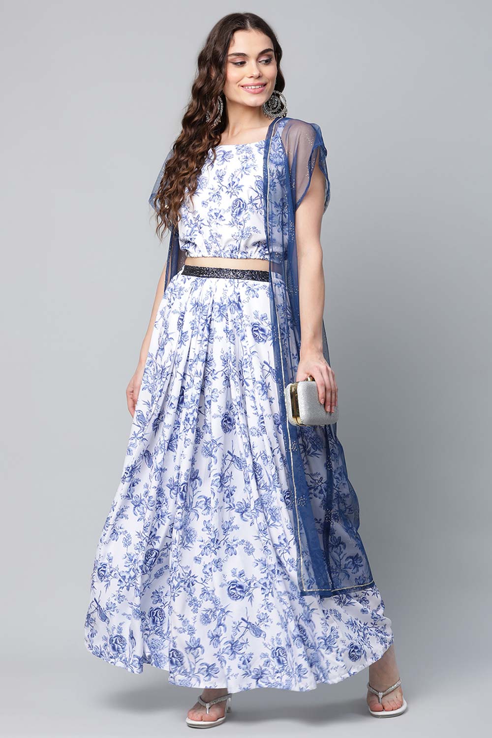 Blue Crepe Printed Top With Skirt With Net Overlay