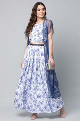 Blue Crepe Printed Top With Skirt With Net Overlay