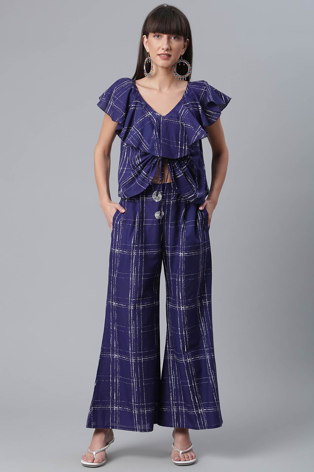 Women Navy Blue & Off-White Pure Cotton Checked Top With Palazzos