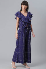 Women Navy Blue & Off-White Pure Cotton Checked Top With Palazzos