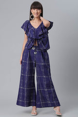 Women Navy Blue & Off-White Pure Cotton Checked Top With Palazzos