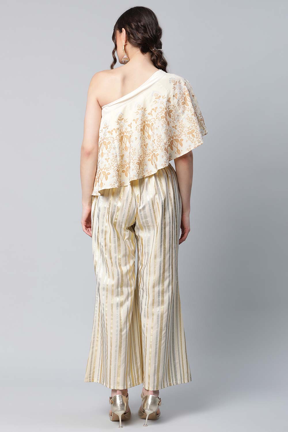 Off White Crepe Floral Printed Top With Palazzos