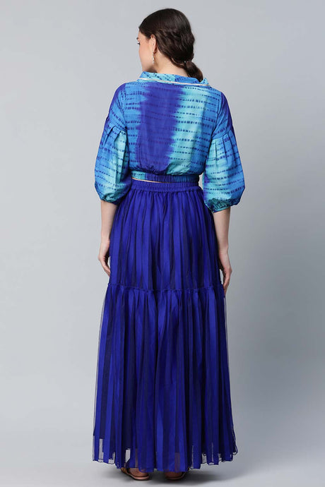 Stunning Blue Crepe Printed Top With Skirt