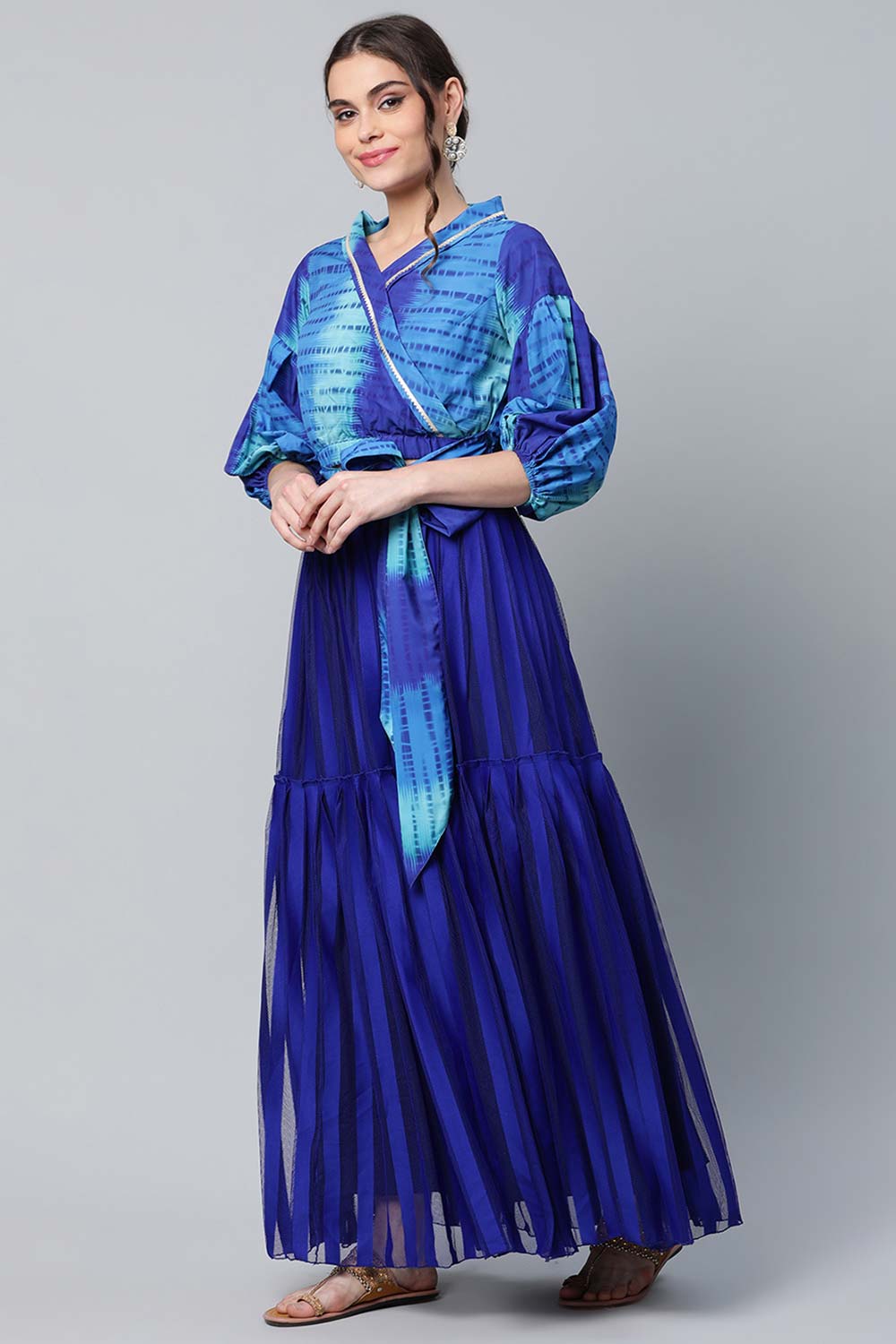 Stunning Blue Crepe Printed Top With Skirt