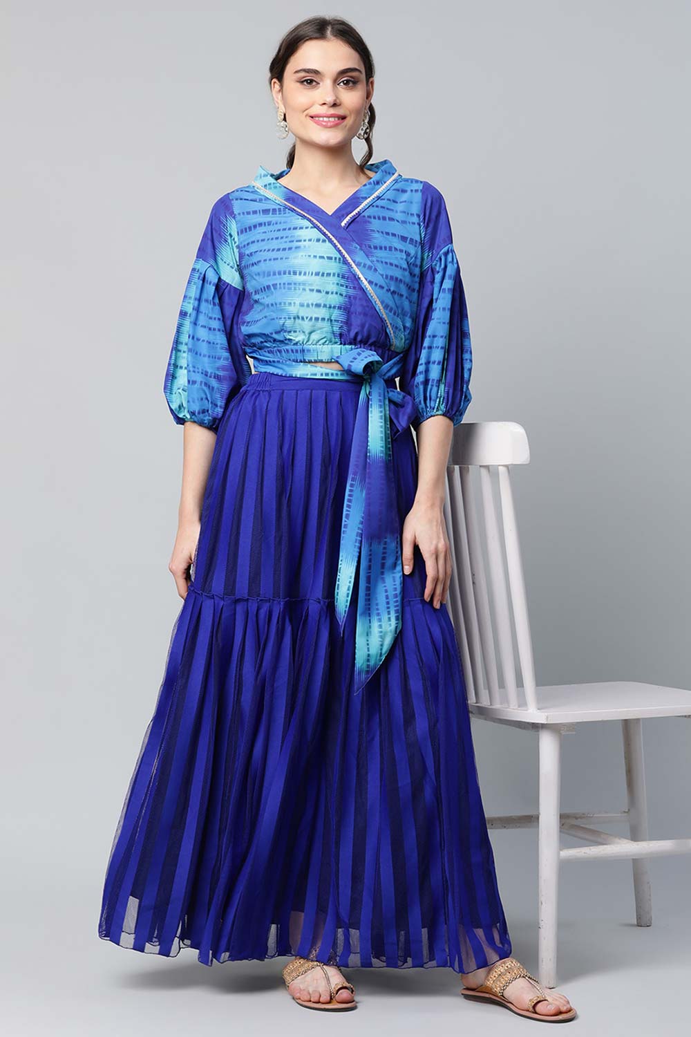 Stunning Blue Crepe Printed Top With Skirt