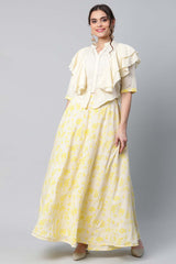 Crepe Cream Solid Top With Printed Skirt With Ruffle Details