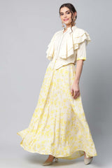 Crepe Cream Solid Top With Printed Skirt With Ruffle Details