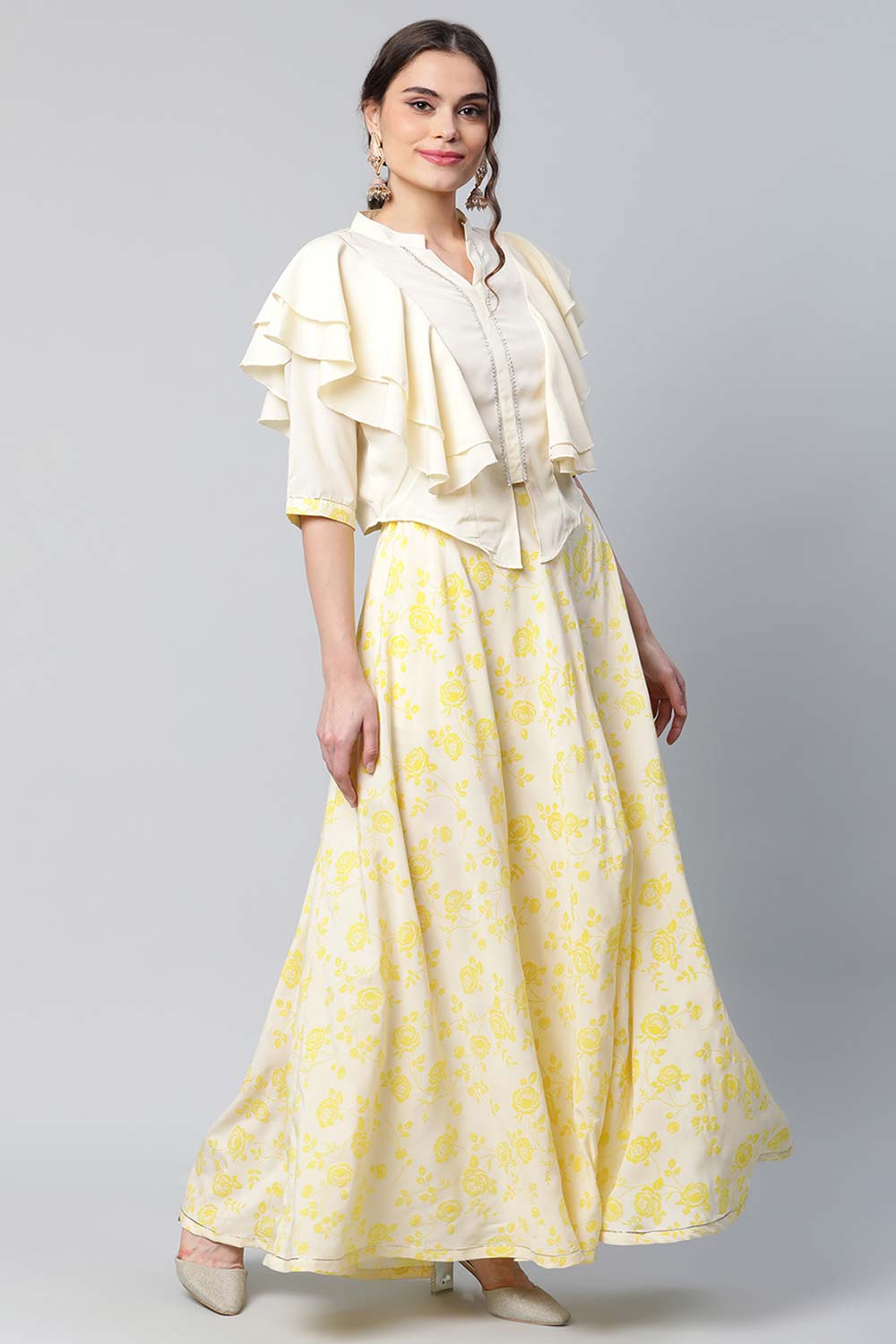 Crepe Cream Solid Top With Printed Skirt With Ruffle Details