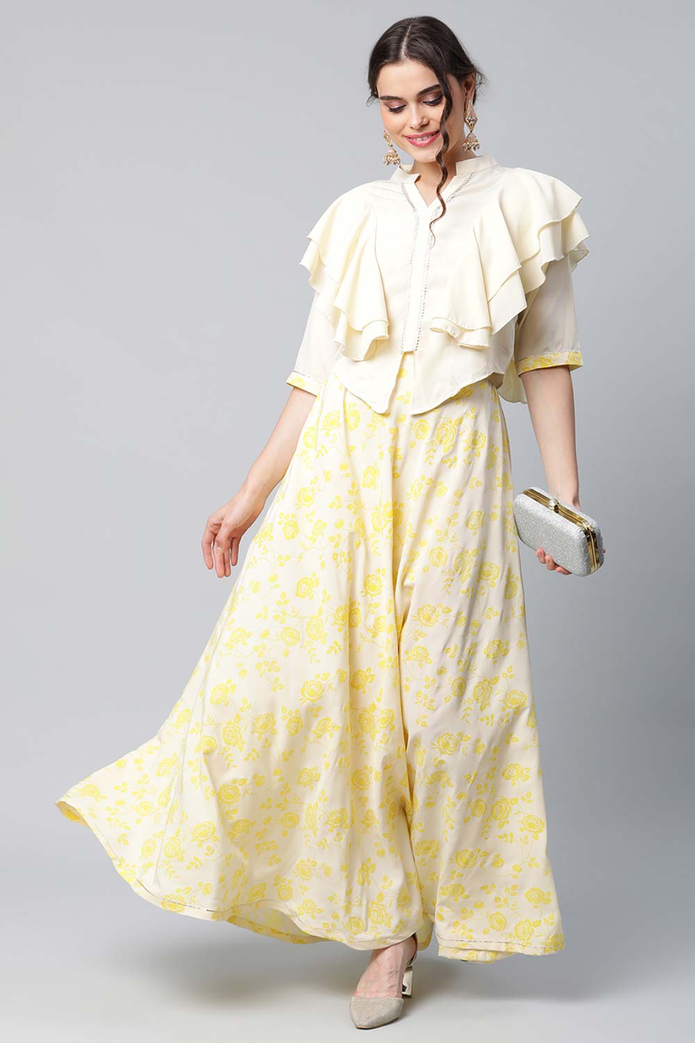 Crepe Cream Solid Top With Printed Skirt With Ruffle Details