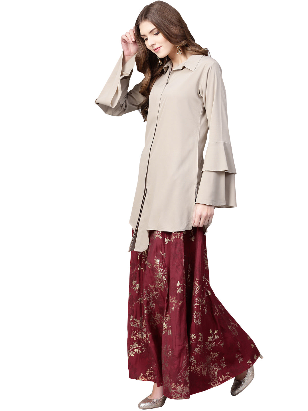 Polyester Kurta Set In Beige