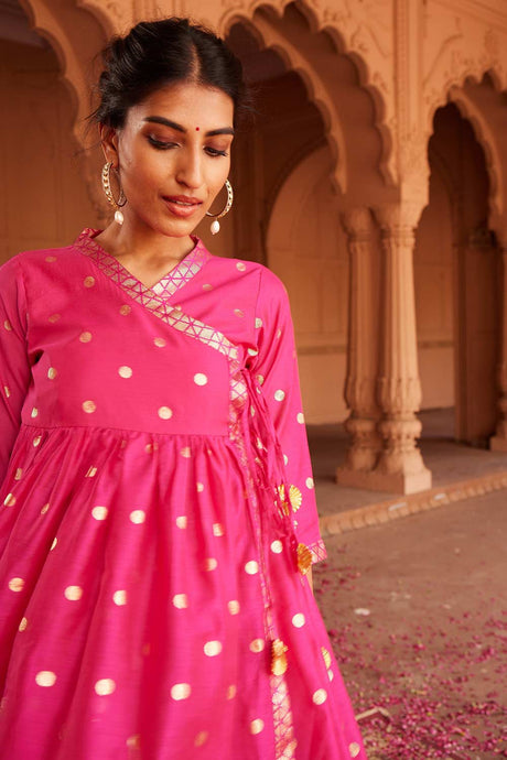 Buy Pink Chanderi Gold Foil Printed Tunic Online - Back