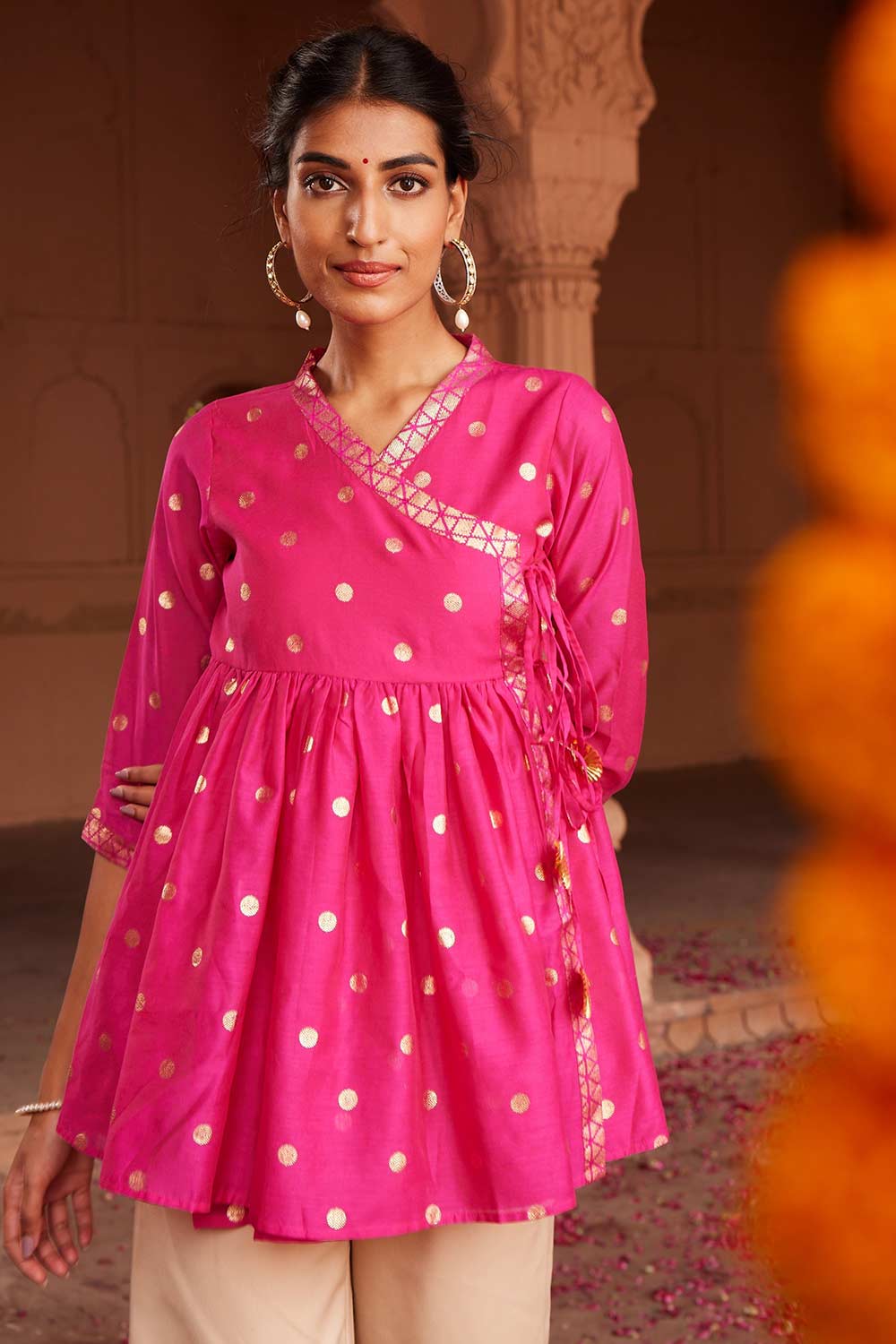 Buy Pink Chanderi Gold Foil Printed Tunic Online - Side
