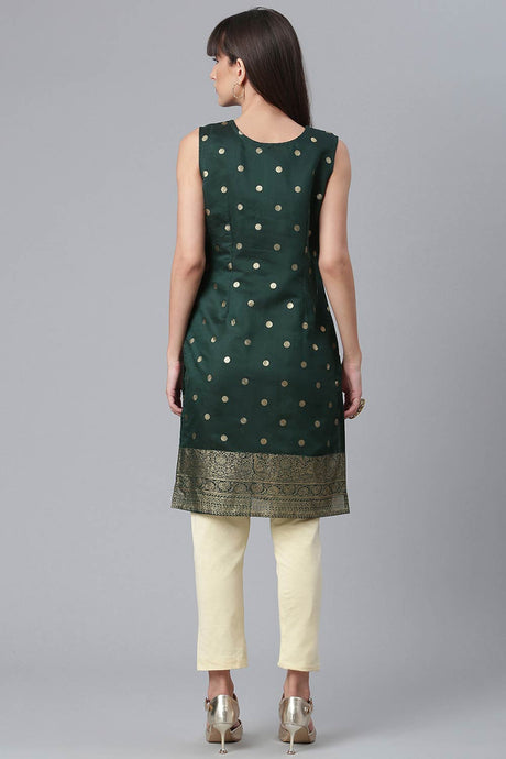 Women Dark Green Chanderi Gold Foil Print Kurti