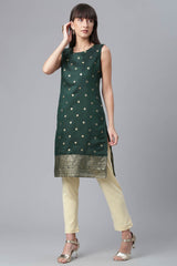 Women Dark Green Chanderi Gold Foil Print Kurti