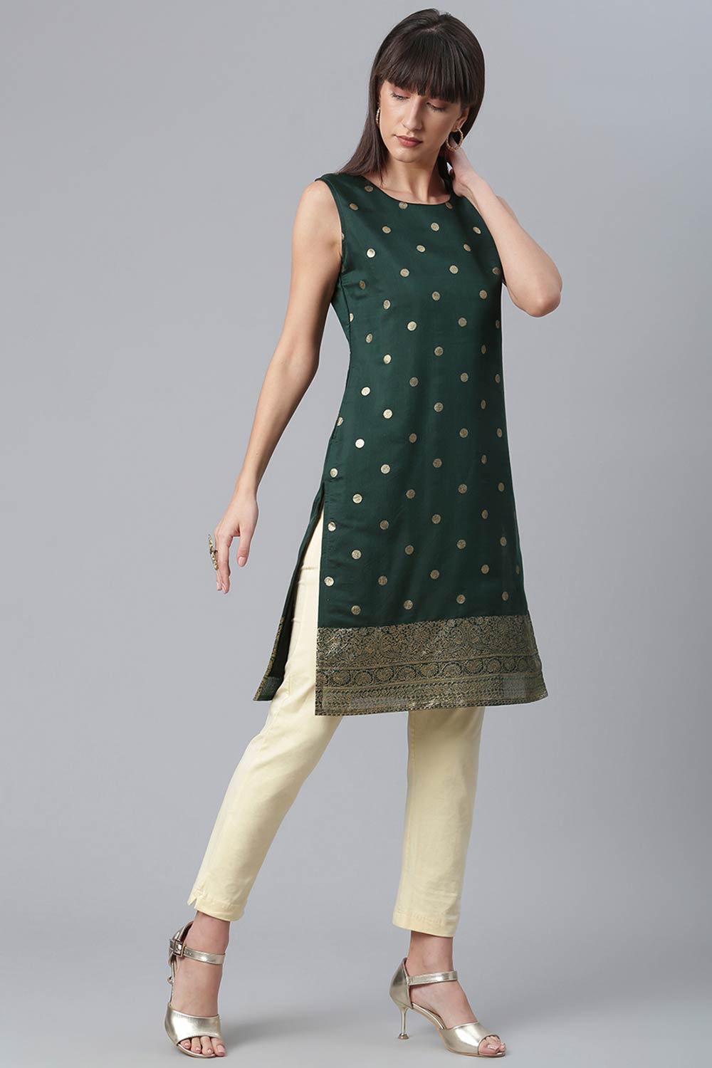 Women Dark Green Chanderi Gold Foil Print Kurti