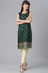 Women Dark Green Chanderi Gold Foil Print Kurti