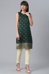 Women Dark Green Chanderi Gold Foil Print Kurti