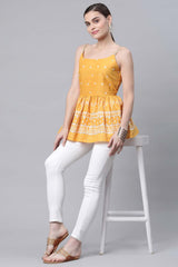 Mustard Pure Cotton Porcian Print Shoulder Straps Tunic