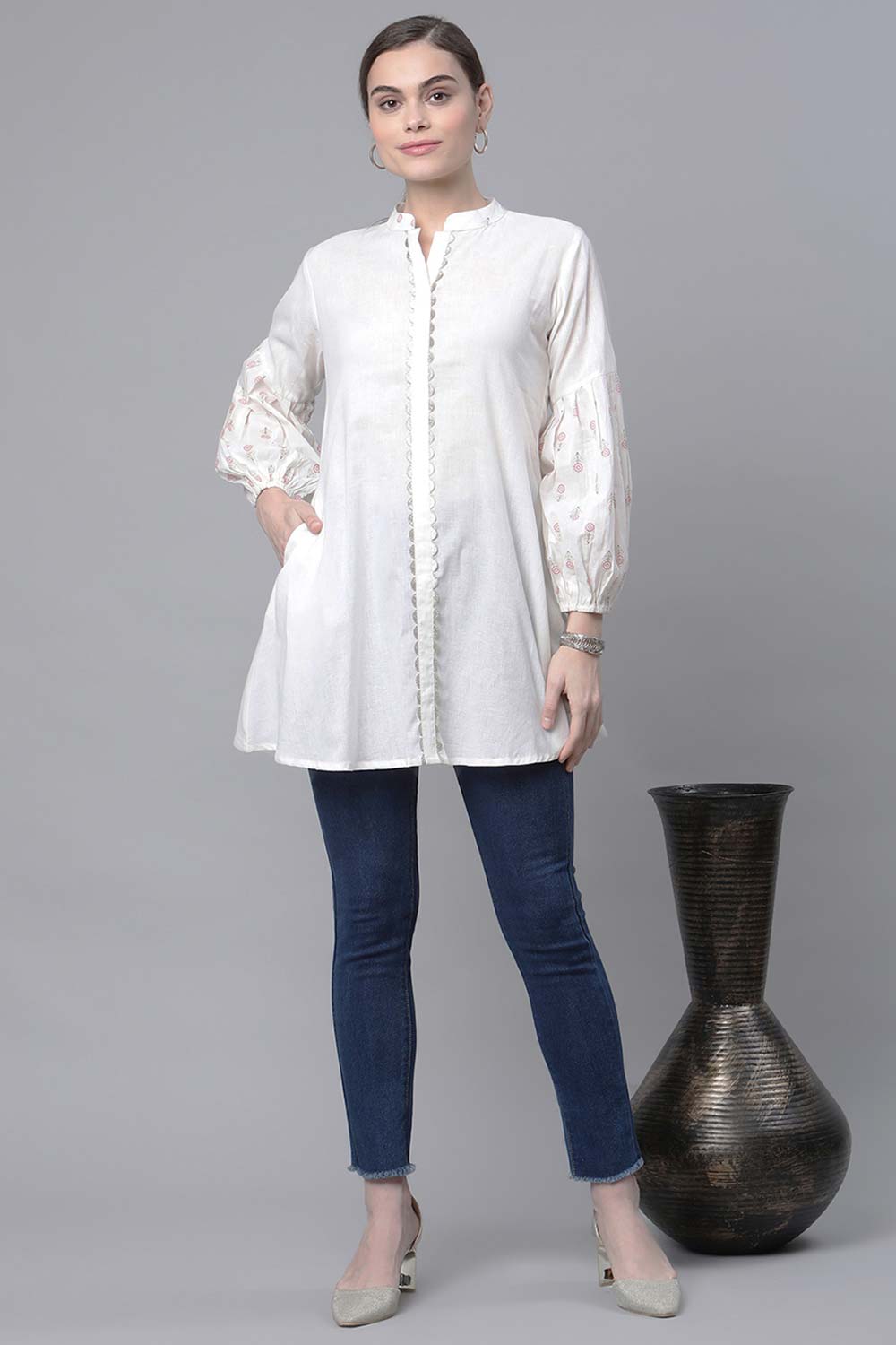 Off White Pure Cotton Printed Tunic